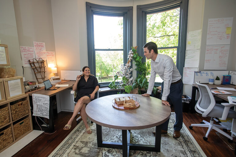 Claire Crunk, CEO of Trace, a maker of hemp-based tampons, talks with Nick Biniker inside the Franklin Innovation Center. The center offers small office space in a restored mansion on the Franklin Grove property. Franklin is in Williamson County.
