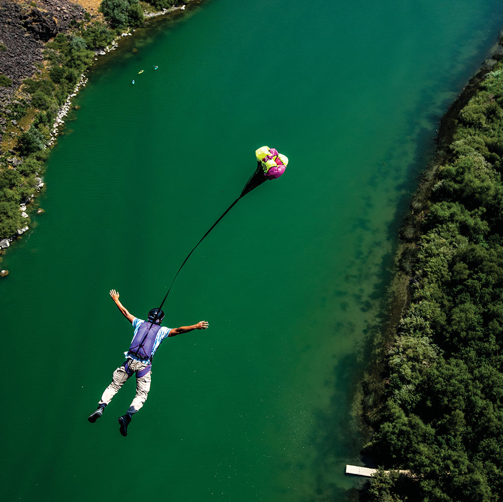 A BASE jumper jumps from the Perrine Bridge over the Snake River Canyon in Twin Falls, Idaho.