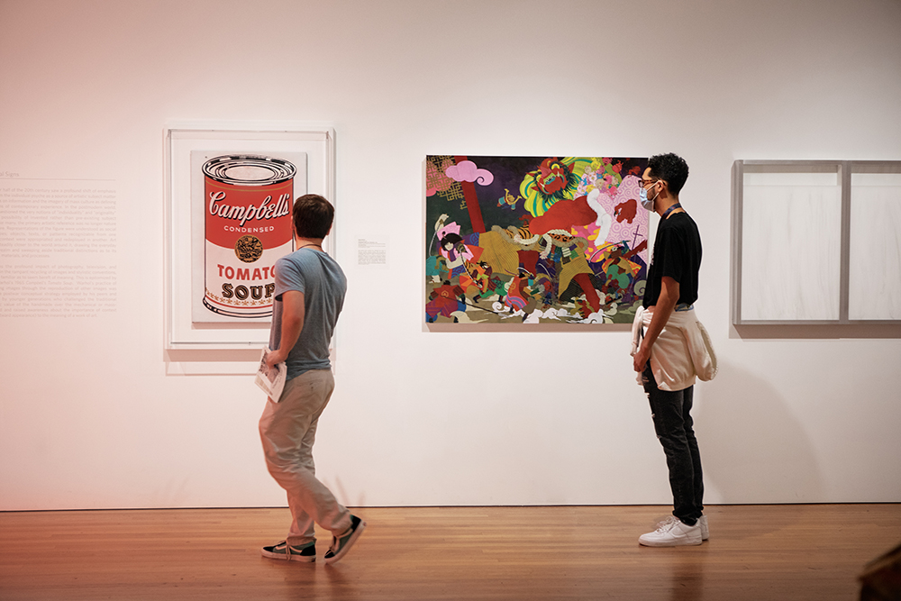 Samson LeBlanc, left, and Neyton Ribeiro look at contemporary art at the Worcester Art Museum in Worcester, MA.