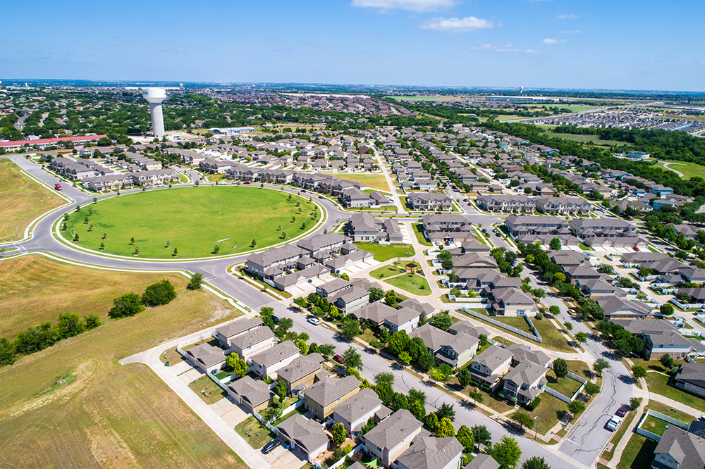 aerial drone view above Pflugerville , Texas Real Estate Suburb