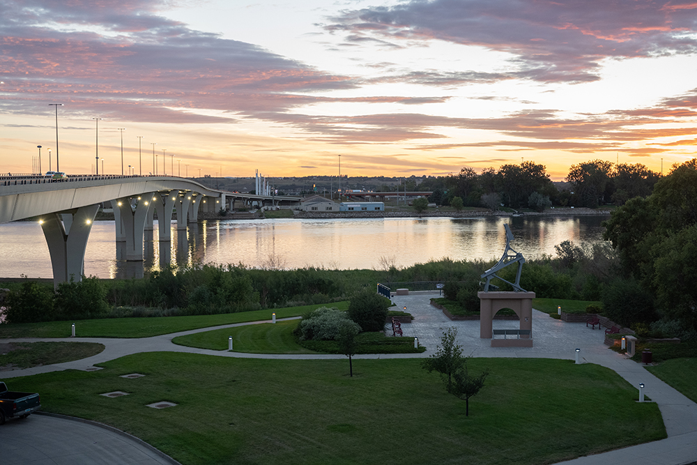 Veteran's Memorial Bridge over the Missouri River between Bismarck and Mandan at Sunset