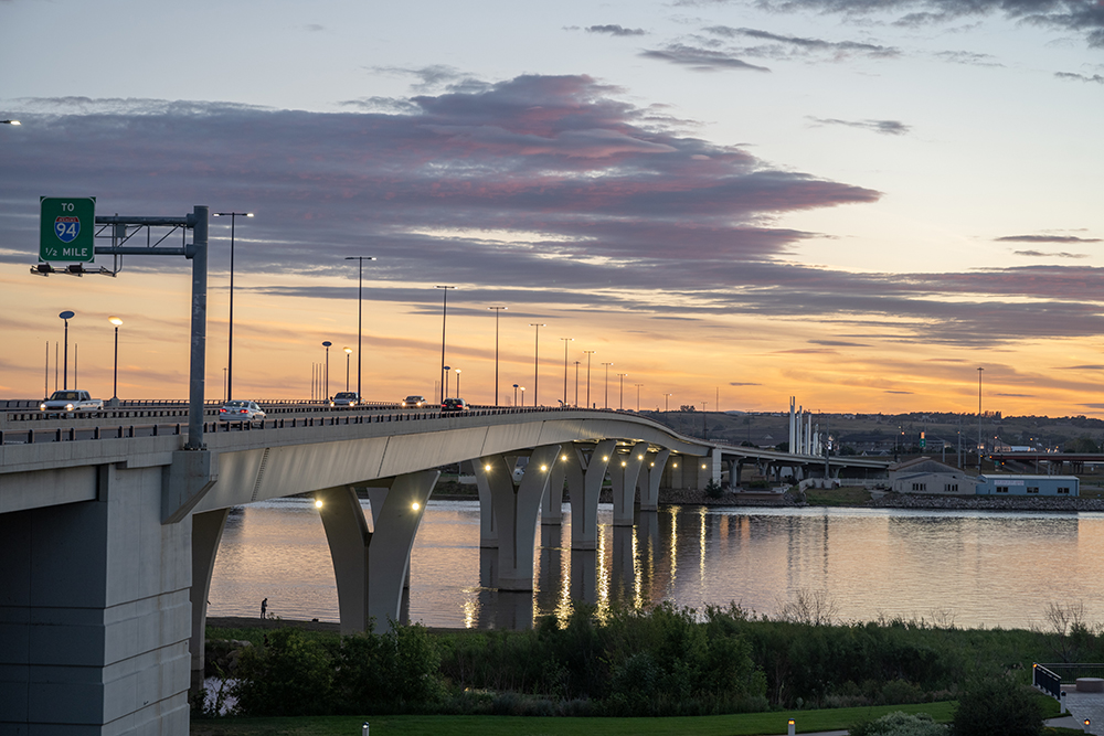 Veteran's Memorial Bridge over the Missouri River between Bismarck and Mandan at Sunset