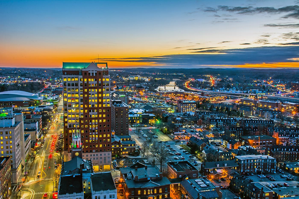 Aerial shot of downtown Manchester, New Hampshire.