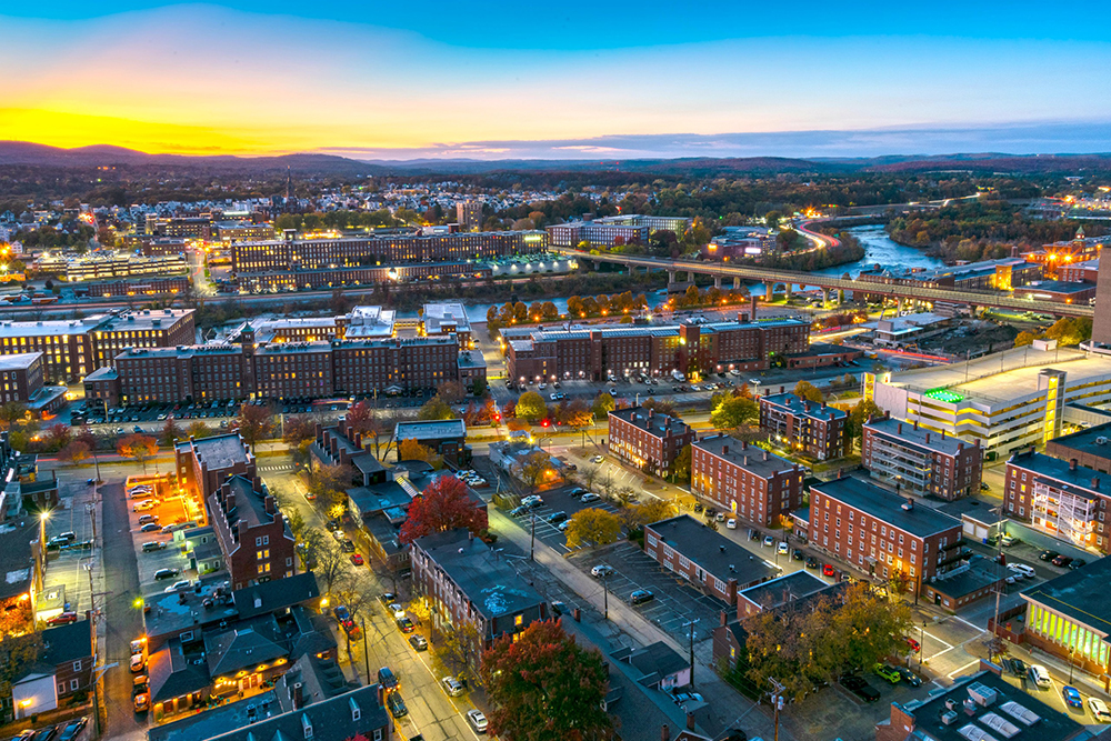 Manchester, New Hampshire, downtown aerial shot at sunset.