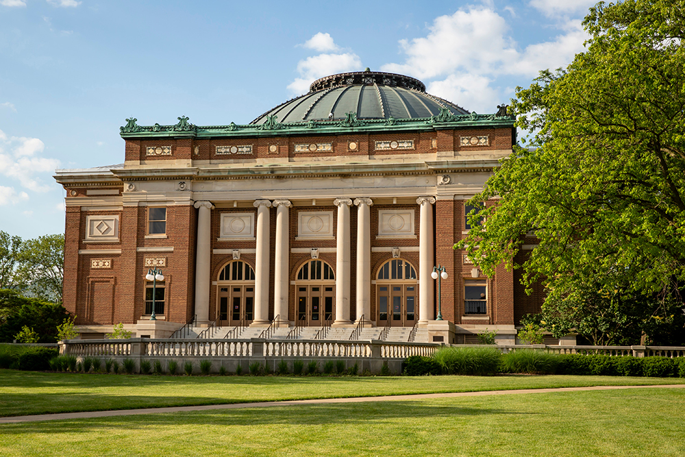 Exterior of Foellinger Hall at the University of Illinois in Champaign, IL.