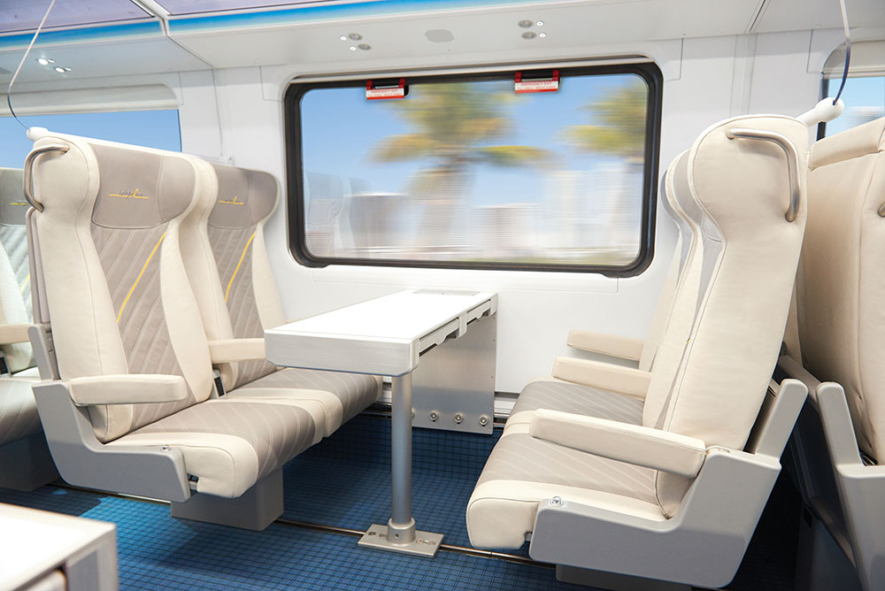 Flexible seating will allow friends or coworkers to meet face to face while traveling on Brightline trains.