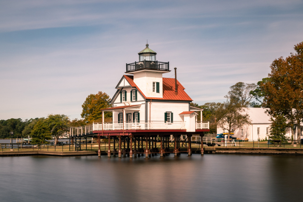 The last remaining screw-pile lighthouse in North Carolina, preserved in historic Edenton.