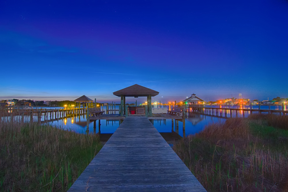 The docks of Ocracoke Island in the Outer Banks of North Carolina at night.