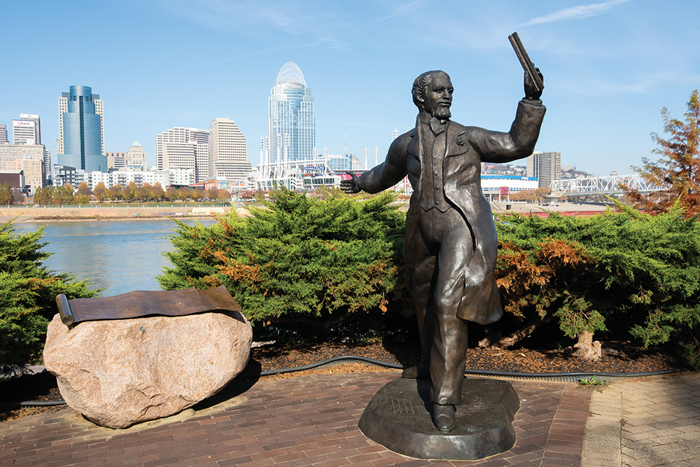 A sculpture of John A. Roebling, designer and engineer of the Covington and Cincinnati Suspension Bridge in downtown Covington, Kentucky. Covington is located in Northern Kentucky.