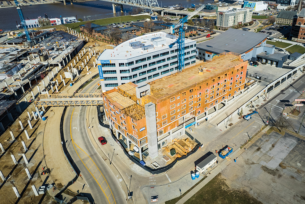 Aerial shot of the office building and Homewood Suites and MegaCorp Pavilion music venue at Ovation in Northern Kentucky.