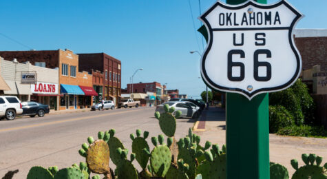Oklahoma Route 66 Sign along the historic Route 66 in the State of Oklahoma, USA.