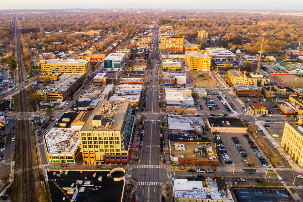 An aerial view of the downtown area of the city of Royal Oak, Michigan just before sunset. Royal Oak is one of the best places to live in the US. 