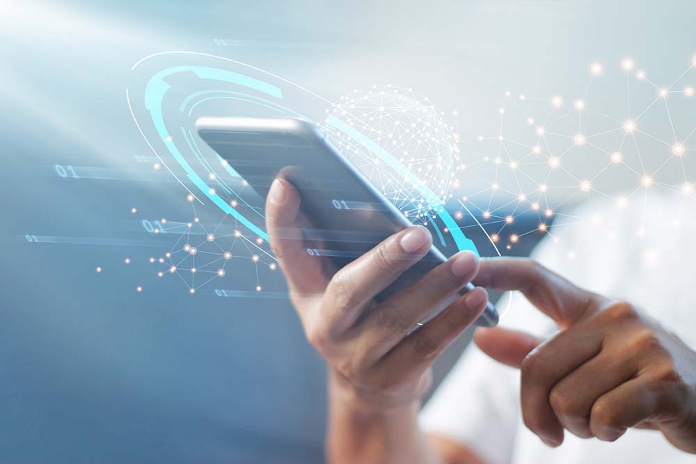 Man using mobile smart phone with global network connection to illustrate digital divide. cybersecurity