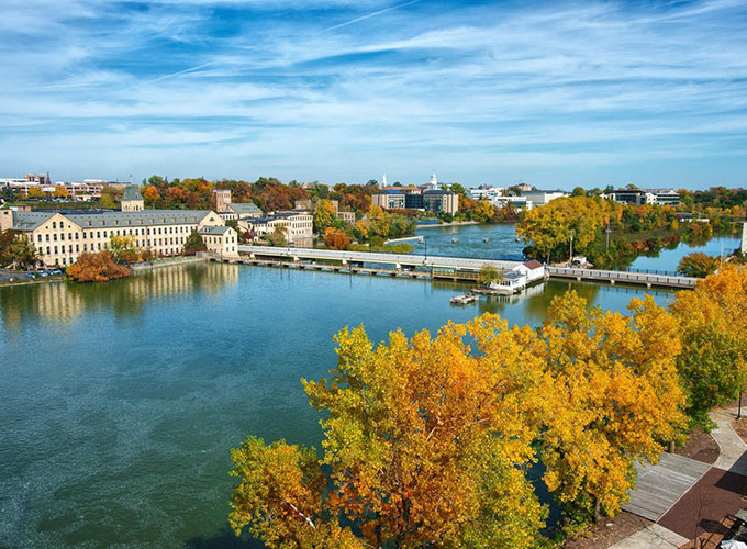 The Fox River flows through downtown Appleton, WI, not far from Green Bay. Appleton is one of the best places to live in the U.S. because of its safe neighborhoods, affordable homes and high-quality health care.