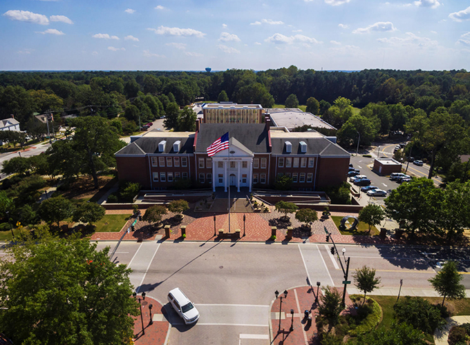 An aerial view of the Cary Arts Center, a hub of arts activity in downtown Cary, NC.
