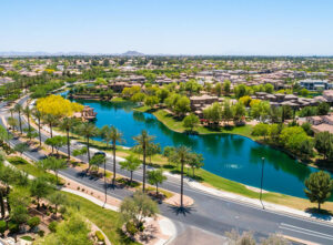 An aerial view of Chandler, AZ, a sunny city known for its world-class golf courses and plentiful parks.