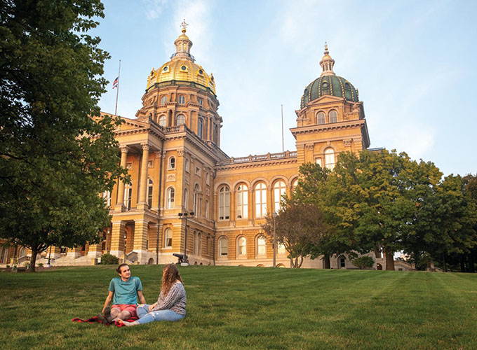 The Iowa Capitol in Des Moines, IA. Des Moines is a hip, increasingly youthful city full of art, culture and easy access to outdoor recreation, making it one of the best cities to live in the U.S.