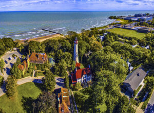 An aerial view of Evanston, IL, a large suburb of Chicago that offers gorgeous beaches, traditional architecture and one of the top colleges in the U.S.