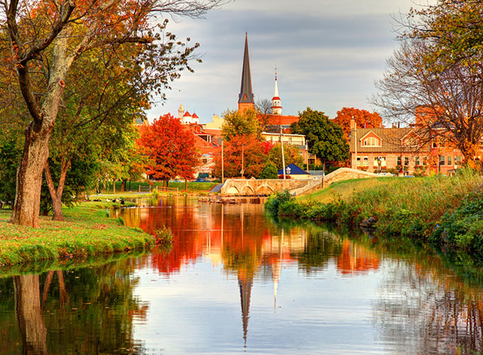 A bucolic view of Frederick, MD, with fall foliage. Located about an hour west of Baltimore, Frederick is a charming city with picturesque mountain views, access to local vineyards and Civil War history.