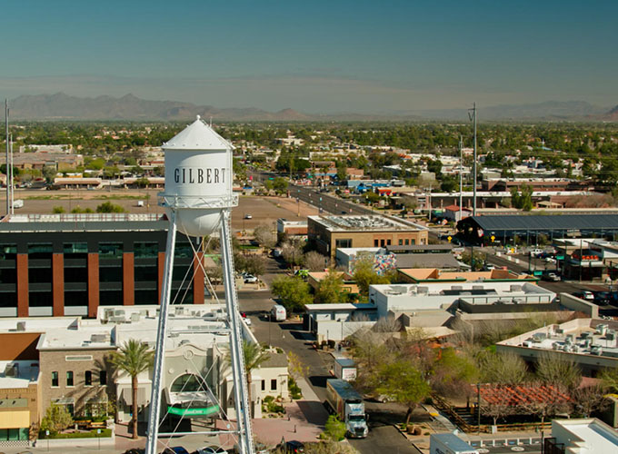 An aerial shot of downtown Gilbert, AZ, a Phoenix suburb named one of the best places to live in the US in 2023.