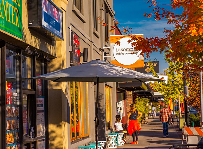 A view of downtown Hillsboro, OR, where residents can find plenty of things to do, from shopping to grabbing a cup of coffee from a local roaster and exploring diverse dining options.