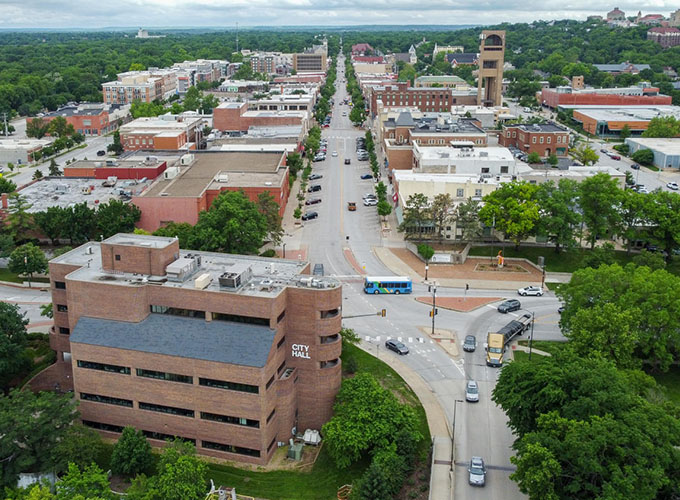 An aerial view of downtown Lawrence, KS. What makes this city one of the best places to live in the U.S. is the consistency of its high scores across all livability categories, including amenities, economy, education, health care, housing and more.