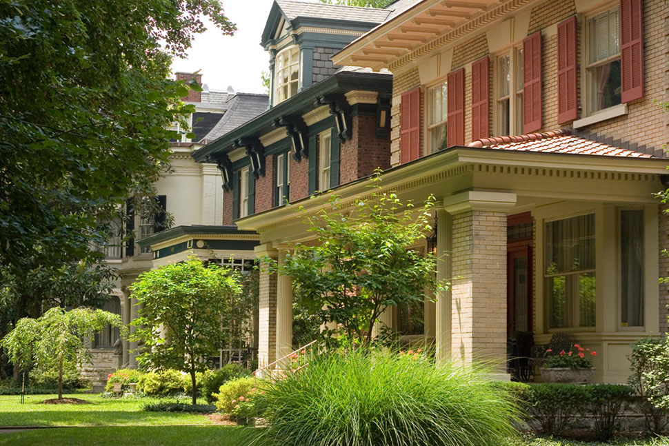 Lovingly restored houses line a downtown street in Louisville, KY, one of the best places to live in the U.S. thanks to its strong economy, diversity and, of course, world-renowned bourbon.