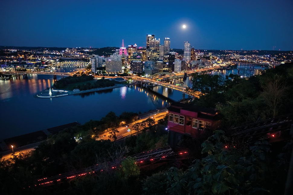 A view of the Pittsburgh, PA, skyline at dusk. Pittsburgh consistently ranks as one of the best places to live in the U.S. thanks to its world-class arts and culture, pro sports teams, strong economy and culture of innovation.