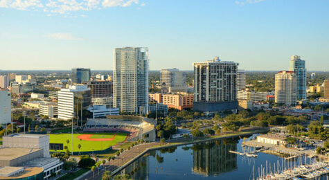 An aerial view of the skyline in St. Petersburg, FL. Nicknamed the “Sunshine City,” it’s sunny 361 days a year here, and the community holds a Guinness World Record for the most consecutive days of sunshine.