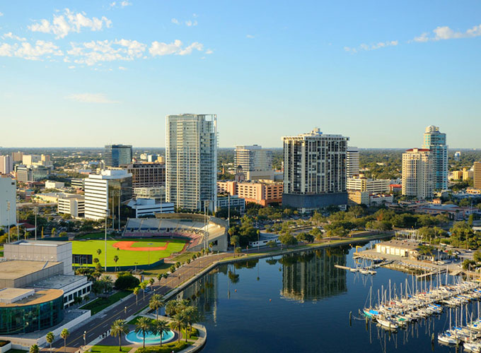An aerial view of the skyline in St. Petersburg, FL. Nicknamed the “Sunshine City,” it’s sunny 361 days a year here, and the community holds a Guinness World Record for the most consecutive days of sunshine.