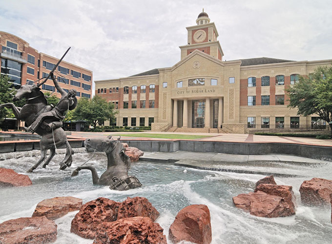 The town square in Sugar Land, TX, hosts events like festivals, concerts, markets and outdoor movies.