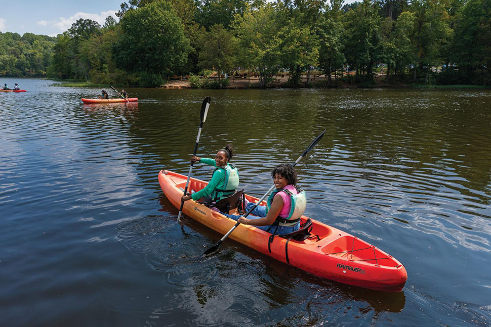 Winston-Salem State University students kayak on the lake at Salem Park. With more than 3,500 acres of parks and 25 miles of greenways and trails, it’s easy to maintain an active lifestyle in Winston-Salem, NC.