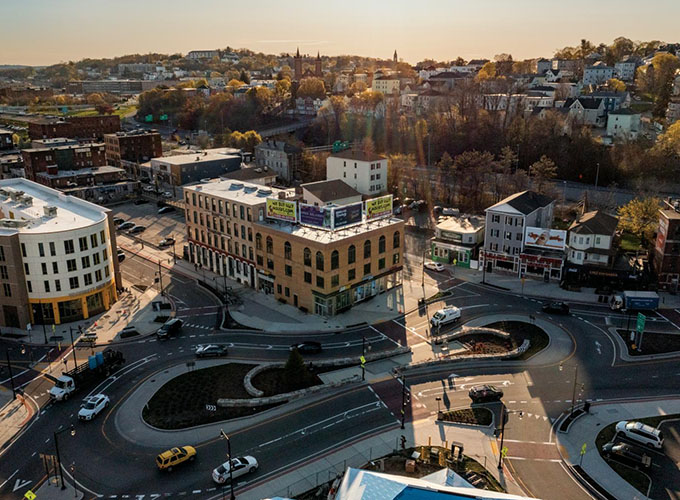 An aerial view of Kelley Square in Worcester, MA. With eight higher education institutions located within the city limits, Worcester is the quintessential college town — with amenities that great for students and residents alike.