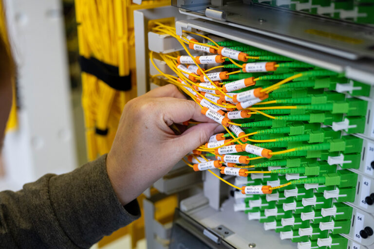 A closer look at the inside of a fiber hub, which houses the fiber connections to each home and business served in a particular area.