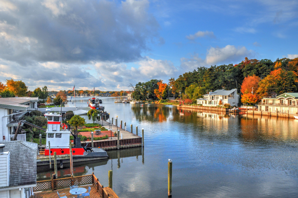 Nautical Scene with Fall Leaf Colors along the waterfront in Saugatuck, Michigan. 