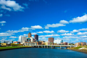Downtown Des Moines skyline and Martin Luther King Jr. Parkway bridge