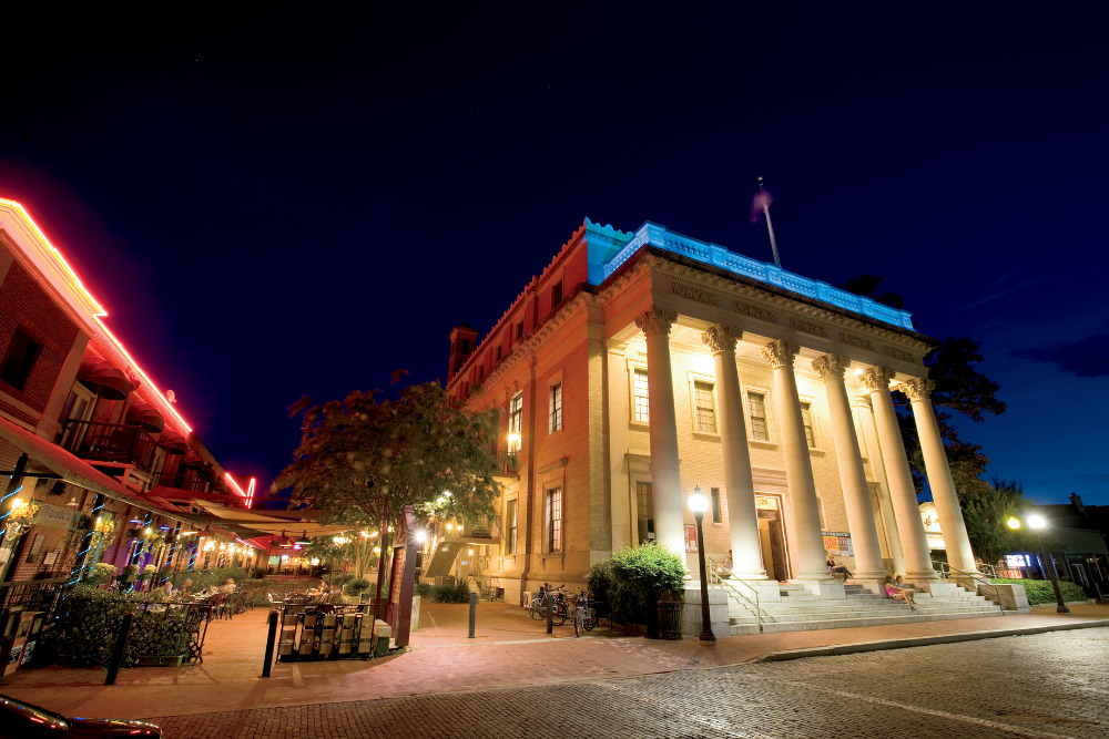 The Hippodrome Theatre lights up at night for a show in downtown Gainesville, Florida