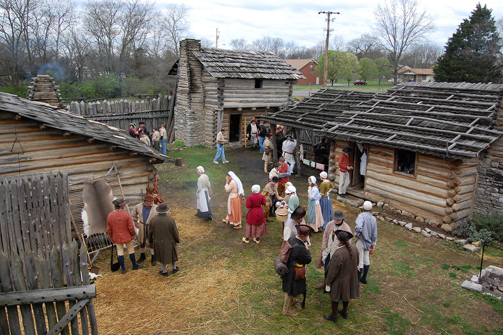 Re-enactors mingle with visitors at Historic Mansker's Station in Goodlettsville, TN.