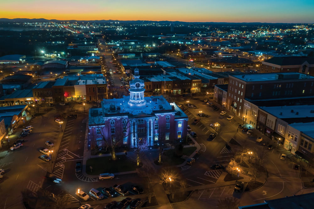 The Rutherford County Historic Courthouse lights up on the Square at dusk in downtown Murfreesboro, Tennessee.