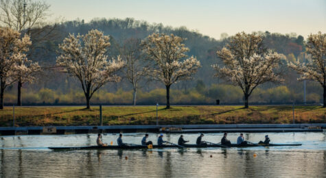 A crew of rowers take to the water on Melton Lake from the Oak Ridge Rowing Association in Oak Ridge, Tennessee.