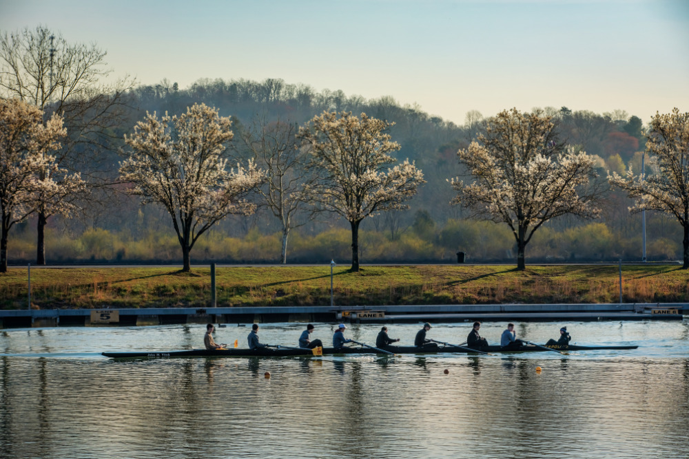 A crew of rowers take to the water on Melton Lake from the Oak Ridge Rowing Association in Oak Ridge, Tennessee.