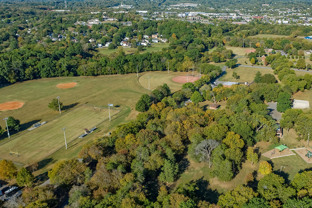 Aerial view of parkland and neighborhoods in Goodlettsville, TN