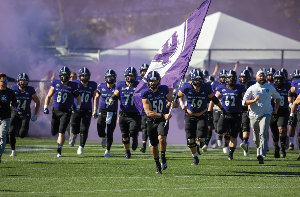 College of the Holy Cross Football players take the field before facing Fordham at Fitton Field on October 28, 2022 in Worcester, Massachusetts. (Photo by Michael Ivins/Holy Cross)