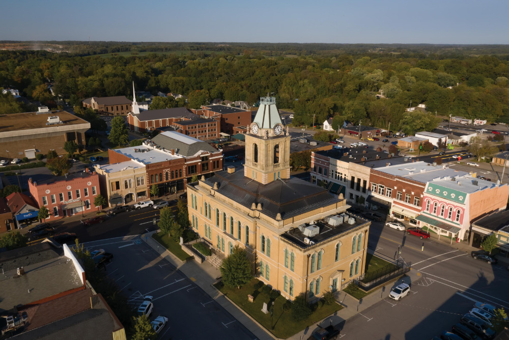 The Robertson County Courthouse and historic square as seen from the air in downtown Springfield, Tennessee.