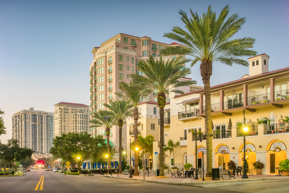 Beach Drive with condos and businesses in downtown St Petersburg Florida at dawn.