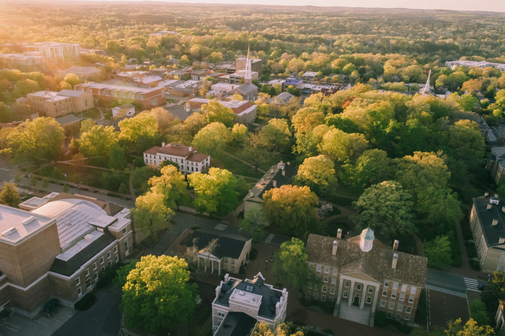 Aerial over the University of North Carolina at Chapel Hill in the spring.