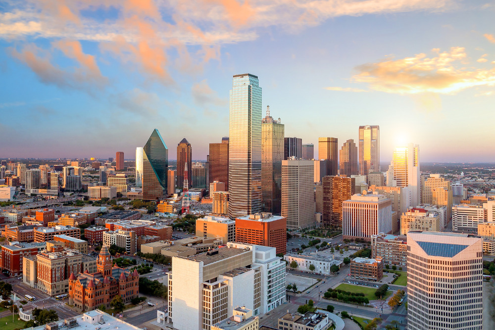Downtown Dallas, Texas, at sunset. Dallas is a best place to live in Texas.