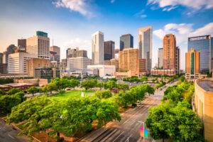 Houston, Texas, downtown city skyline over Root Square.