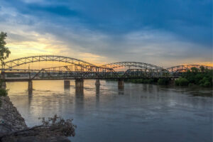 A beautiful sunset spot shot of Buck O'Neil Bridge in Kansas City, Kansas