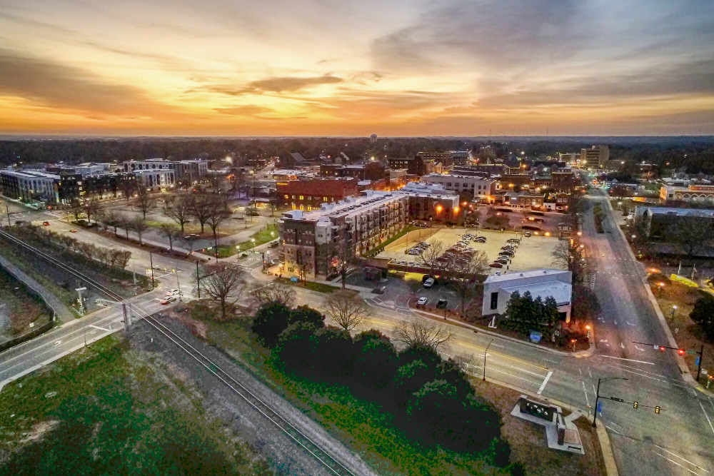 Early morning sunrise aerial over Rock Hill, South Carolina.